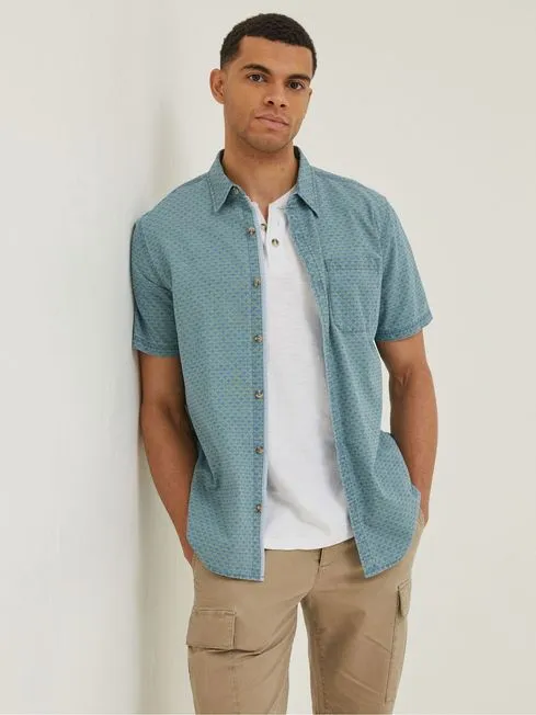Men Fatface Shirts Green Geo Indigo Print Shirt