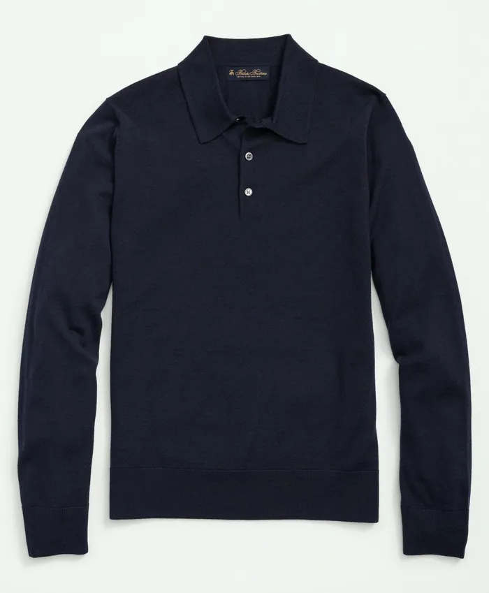 Men Fine Merino Wool Sweater Polo Navy Brooks Brothers Sweaters