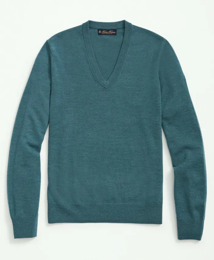 Men Fine Merino Wool VNeck Sweater Teal Brooks Brothers Sweaters