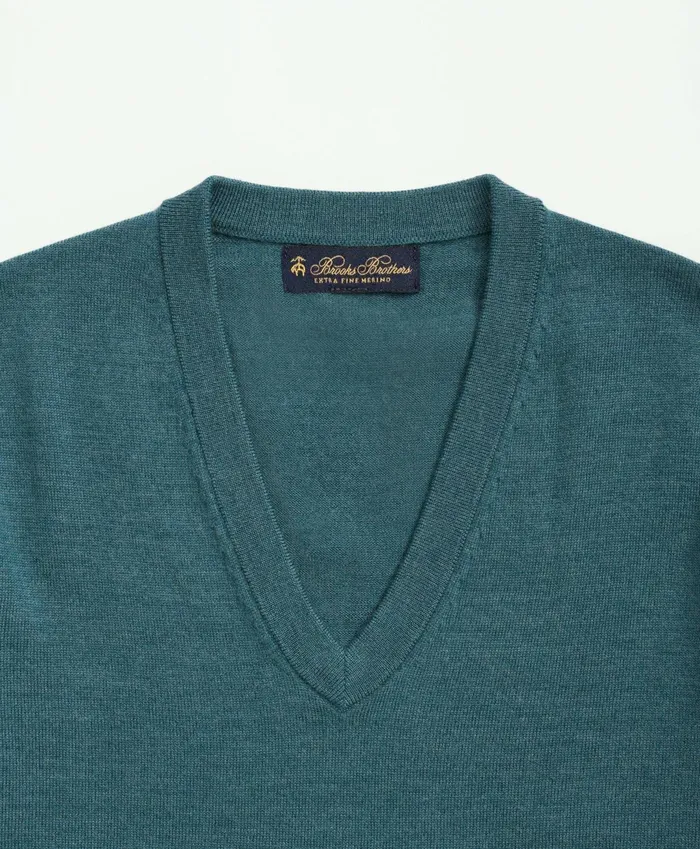 Men Fine Merino Wool VNeck Sweater Teal Brooks Brothers Sweaters