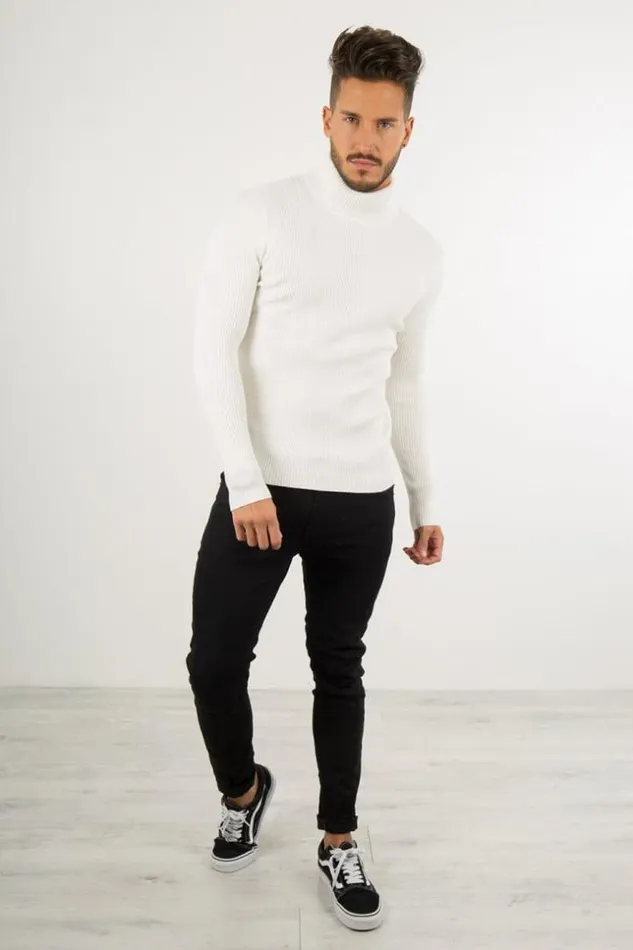 Men Fine Turtleneck Sweater White Brentiny Paris Sweatshirts and Pullovers
