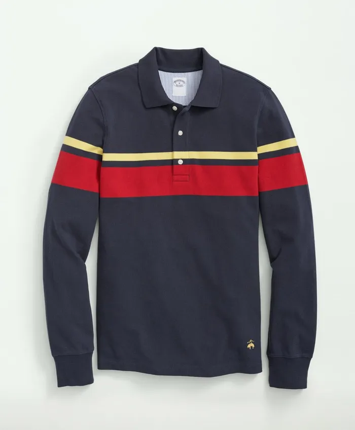 Men Golden Fleece Stretch Supima Cotton Pique LongSleeve Chest Striped Polo Shirt Navy Multi Brooks Brothers Polo and Rugby Shirts Men Golden Fleece Stretch Supima Cotton Pique LongSleeve Chest Striped Polo Shirt Navy Multi Brooks Brothers Polo and Rugby Shirts