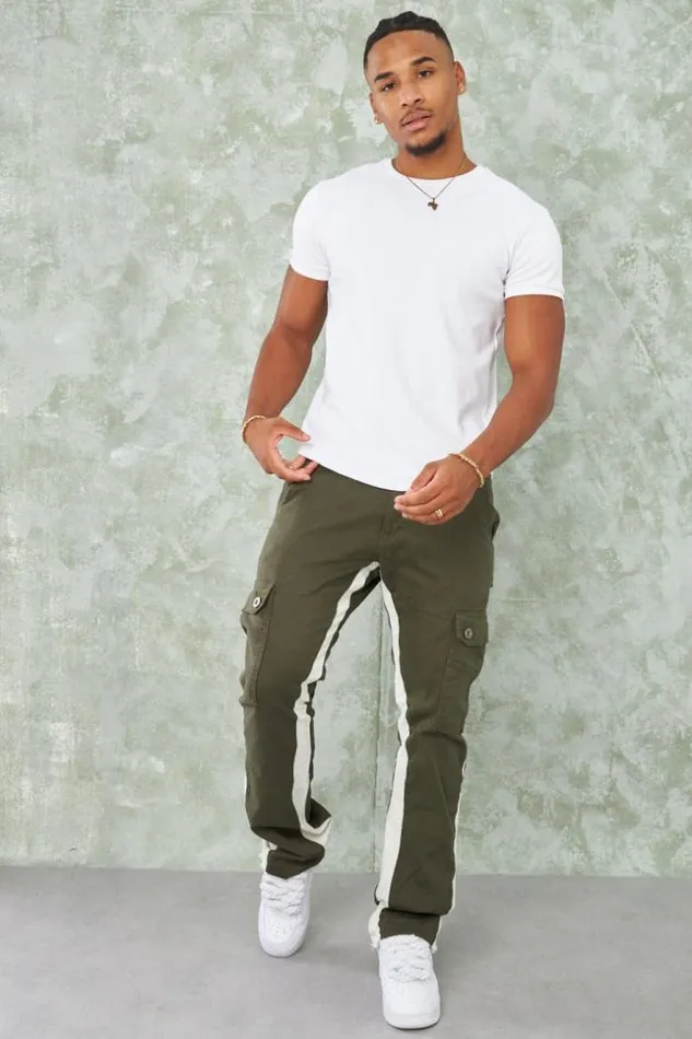 Men Jean Cargo Kaki Empicement Blanc Khaki Brentiny Paris Jeans