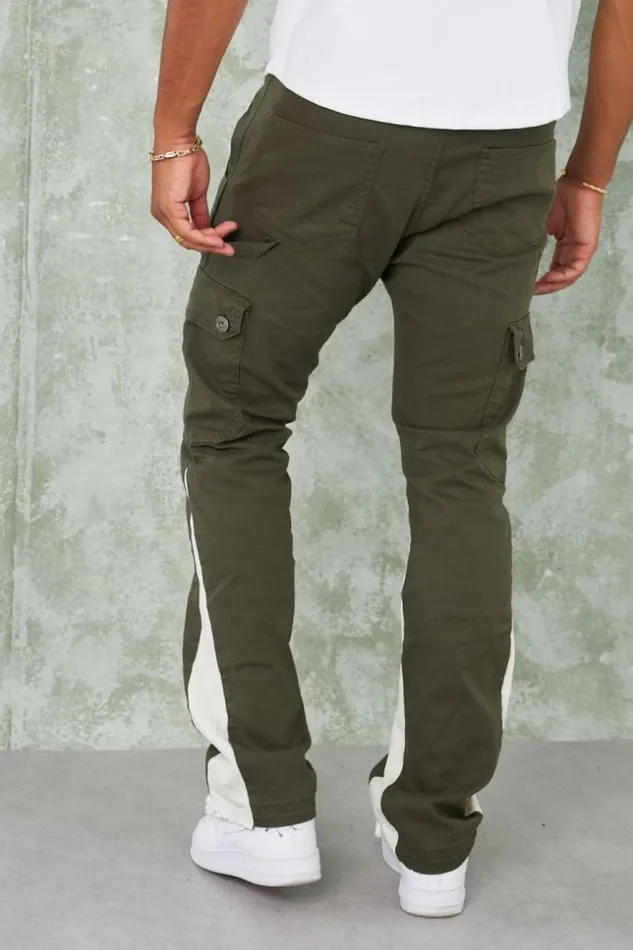 Men Jean Cargo Kaki Empicement Blanc Khaki Brentiny Paris Jeans