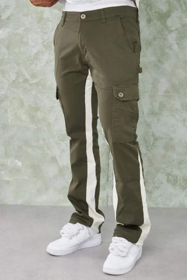 Men Jean Cargo Kaki Empicement Blanc Khaki Brentiny Paris Jeans