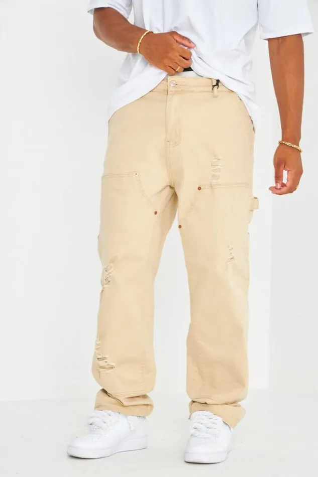 Men Jeans Beige Empicement Et Dchir Brentiny Paris Pants
