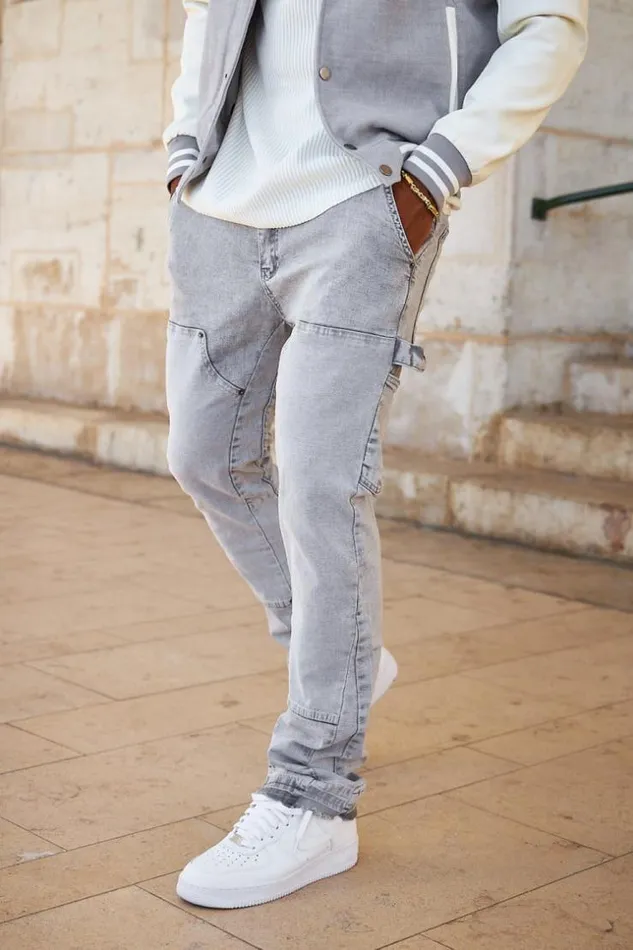 Men Jeans Coupe Droite Gris Empicements Grey Brentiny Paris Jeans