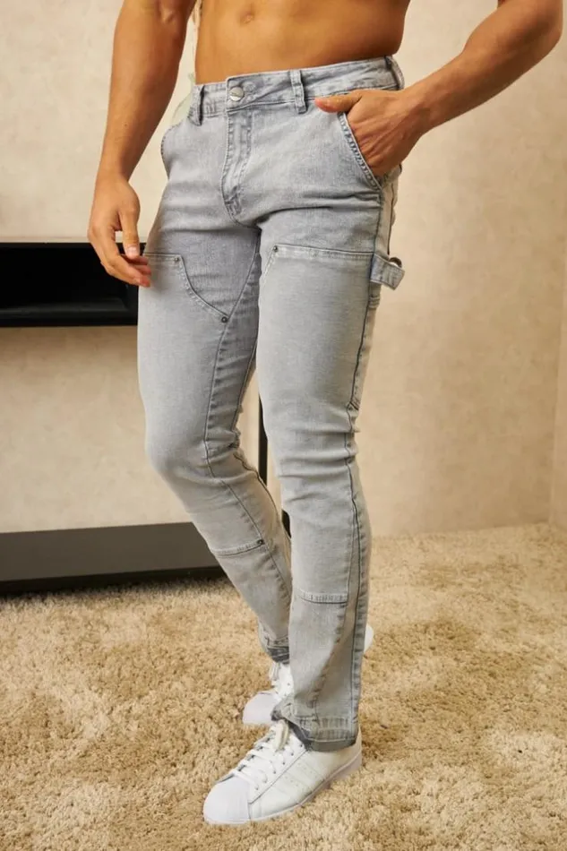 Men Jeans Coupe Droite Gris Empicements Grey Brentiny Paris Jeans