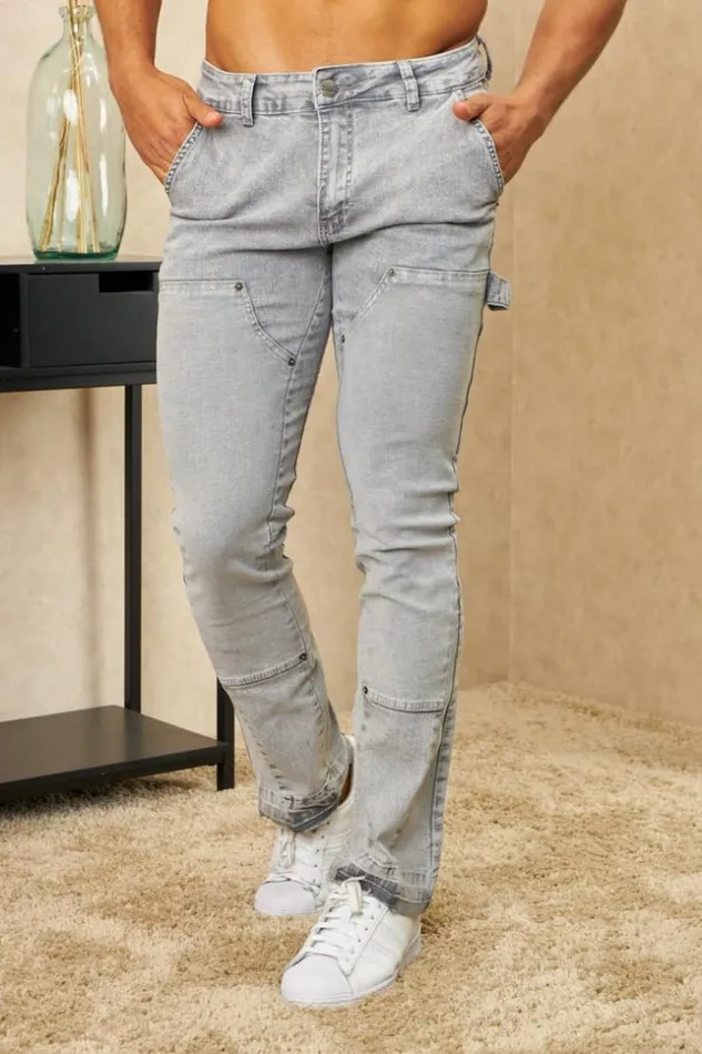 Men Jeans Coupe Droite Gris Empicements Grey Brentiny Paris Jeans