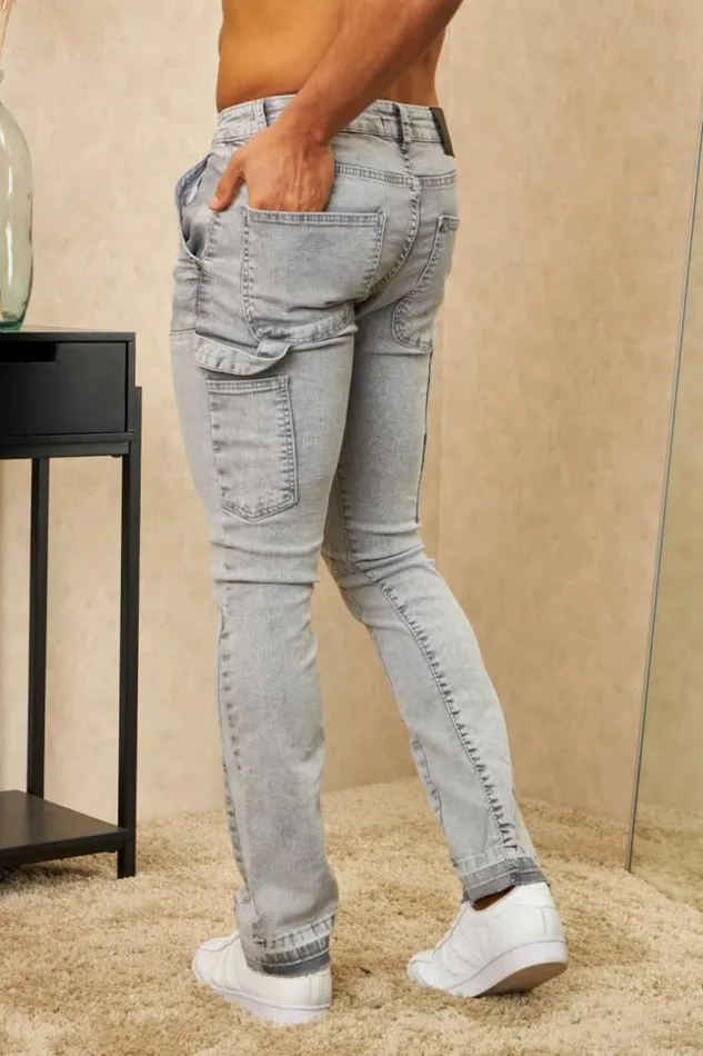 Men Jeans Coupe Droite Gris Empicements Grey Brentiny Paris Jeans