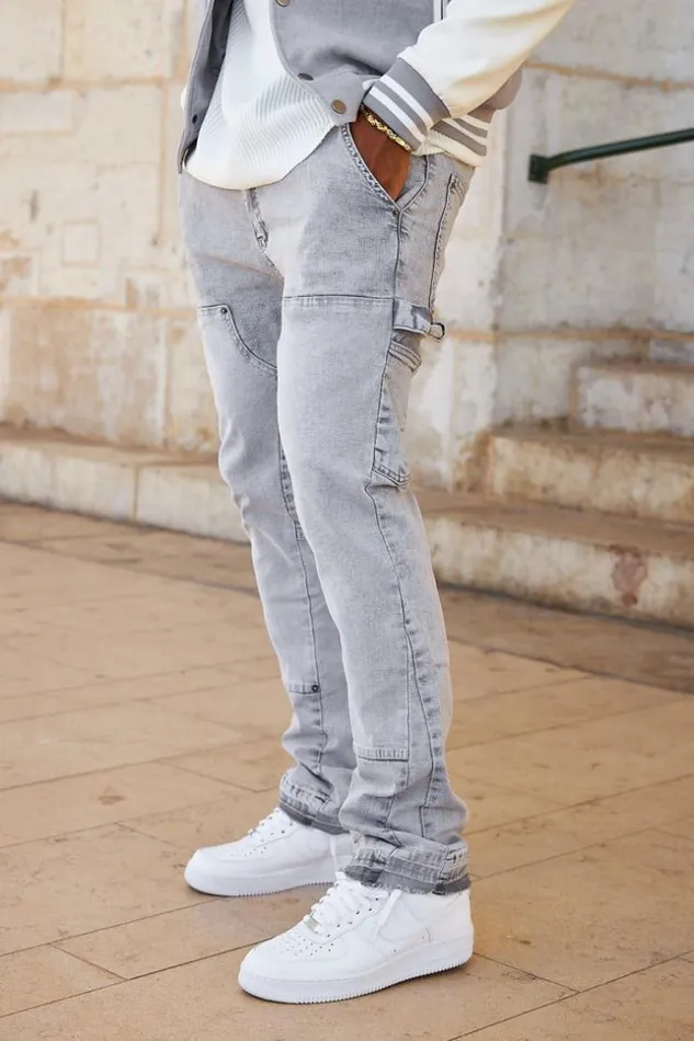 Men Jeans Coupe Droite Gris Empicements Grey Brentiny Paris Jeans