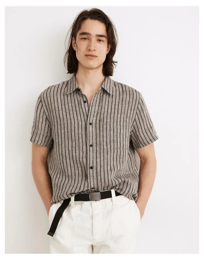Men Linen Perfect Short Sleeve Shirt In Stripe Coal Madewell Shirts