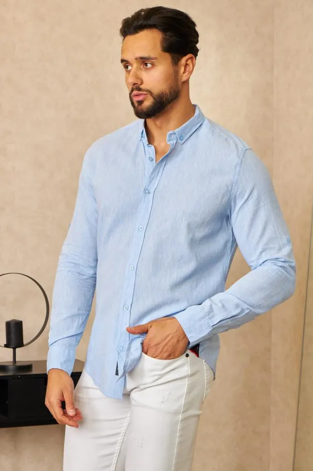 Men LongSleeved Blue Linen Shirt Blue Brentiny Paris Shirts