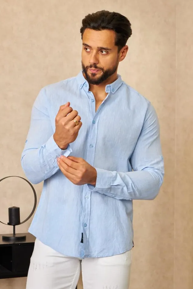 Men LongSleeved Blue Linen Shirt Blue Brentiny Paris Shirts Men LongSleeved Blue Linen Shirt Blue Brentiny Paris Shirts