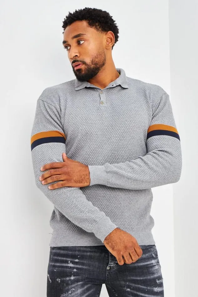 Men Polo Gris En Maille Relief Manches Longues Bandes Grey Brentiny Paris Polo Shirts