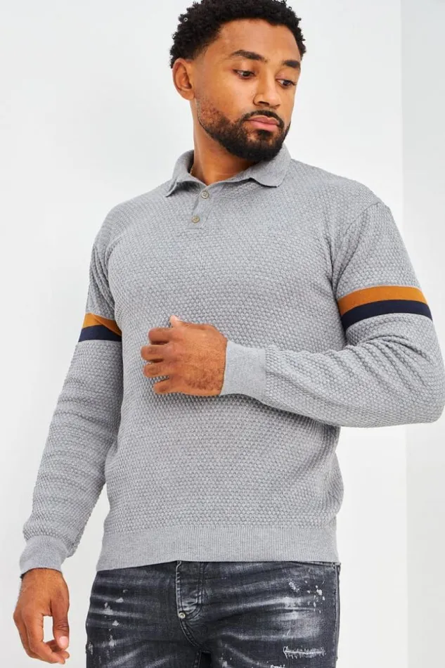 Men Polo Gris En Maille Relief Manches Longues Bandes Grey Brentiny Paris Polo Shirts Men Polo Gris En Maille Relief Manches Longues Bandes Grey Brentiny Paris Polo Shirts
