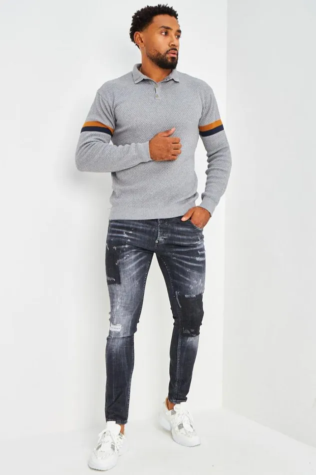 Men Polo Gris En Maille Relief Manches Longues Bandes Grey Brentiny Paris Polo Shirts Men Polo Gris En Maille Relief Manches Longues Bandes Grey Brentiny Paris Polo Shirts