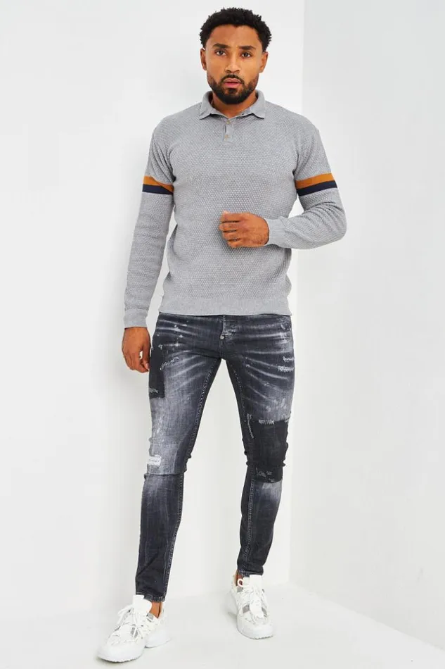 Men Polo Gris En Maille Relief Manches Longues Bandes Grey Brentiny Paris Polo Shirts Men Polo Gris En Maille Relief Manches Longues Bandes Grey Brentiny Paris Polo Shirts
