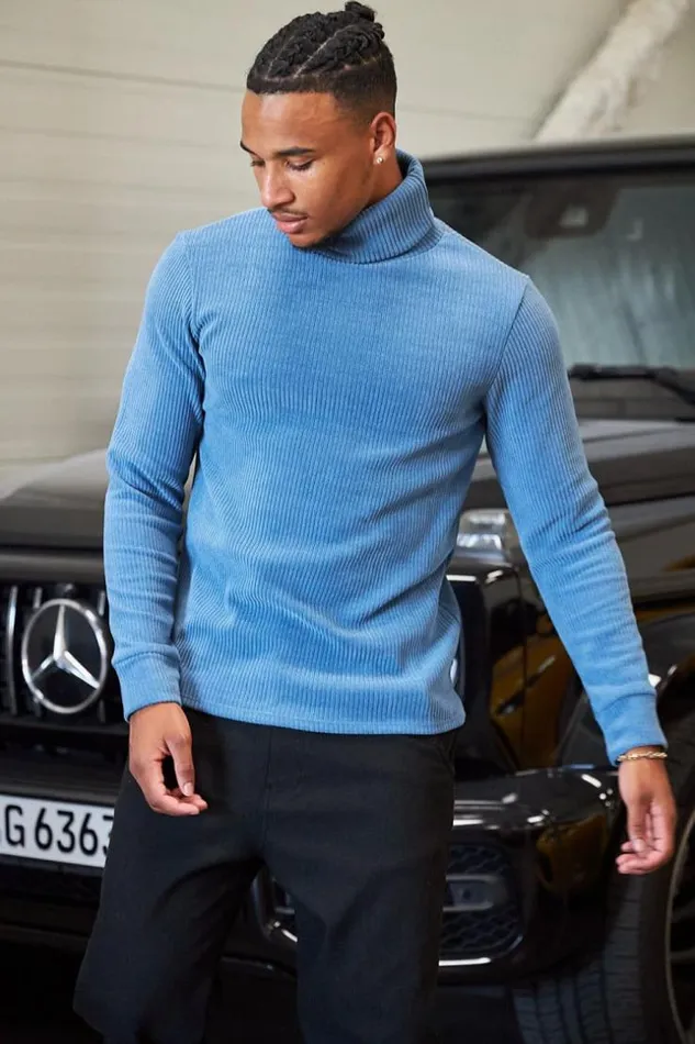 Men Pull Bleu Col Roul En Velours Ctel Blue Brentiny Paris Sweatshirts and Pullovers