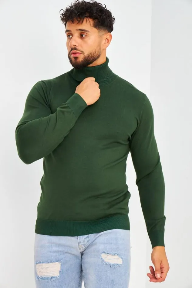 Men Pull Col Roul Vert Fonc Uni Green Brentiny Paris Sweatshirts and Pullovers