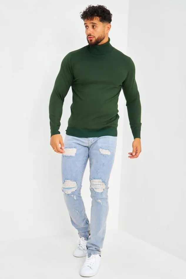 Men Pull Col Roul Vert Fonc Uni Green Brentiny Paris Sweatshirts and Pullovers