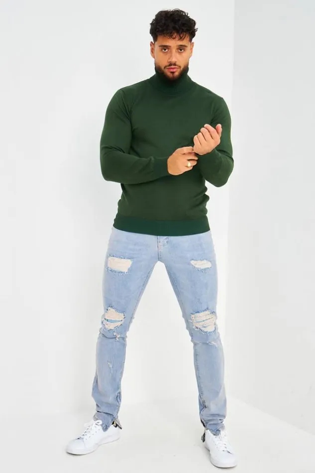 Men Pull Col Roul Vert Fonc Uni Green Brentiny Paris Sweatshirts and Pullovers