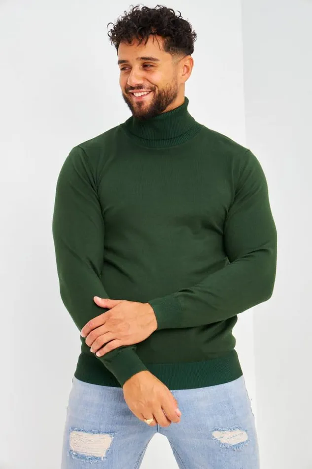 Men Pull Col Roul Vert Fonc Uni Green Brentiny Paris Sweatshirts and Pullovers