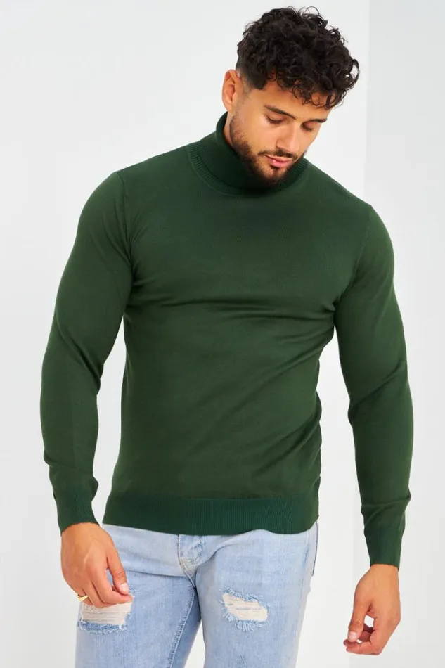 Men Pull Col Roul Vert Fonc Uni Green Brentiny Paris Sweatshirts and Pullovers