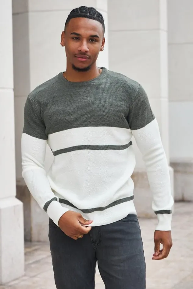 Men Pull En Laine Rayures Kaki Et Blanc Khaki Brentiny Paris Sweatshirts and Pullovers