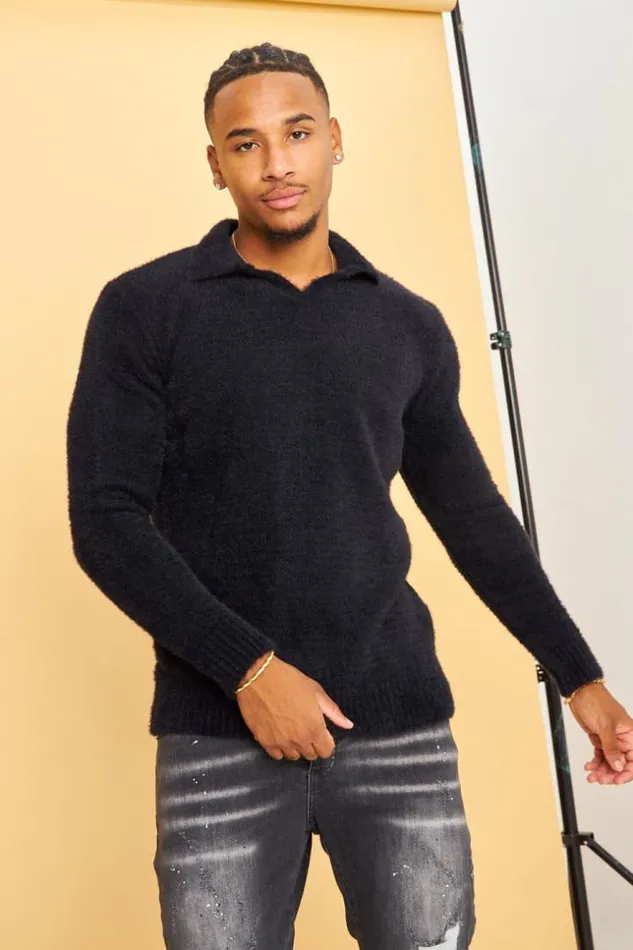 Men Pull Noir En Laine A Col Rabats Black Brentiny Paris Sweatshirts and Pullovers