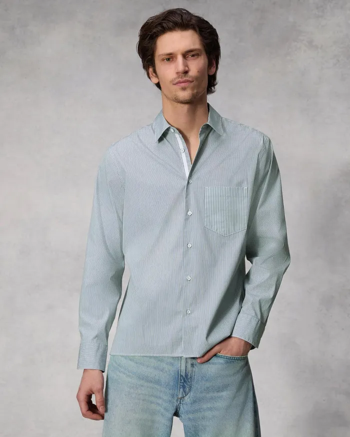 Men Rag and Bone Shirts Dalton Striped Hemp Cotton Shirt Blue Stripe