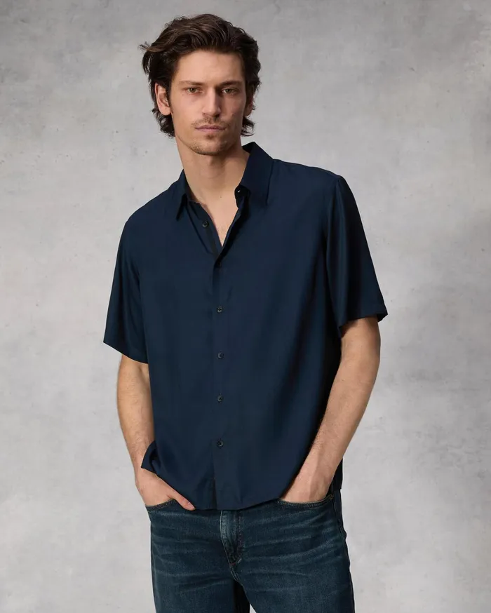 Men Rag and Bone Shirts Dalton Viscose Twill Short Sleeve Shirt Navy