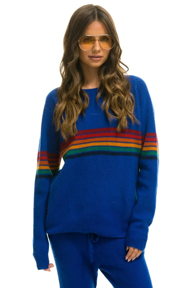 Men RAINBOW STRIPE 6 UNISEX CASHMERE SWEATER LAPIS Aviator Nation CrewSweatshirts