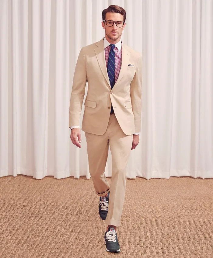 Men Regent Fit Stretch Cotton Suit Trousers Beige Brooks Brothers Suits