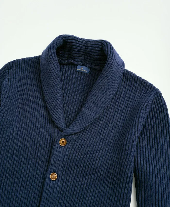 Men Ribbed Cotton Shawl Collar Cardigan Navy Brooks Brothers Sweaters