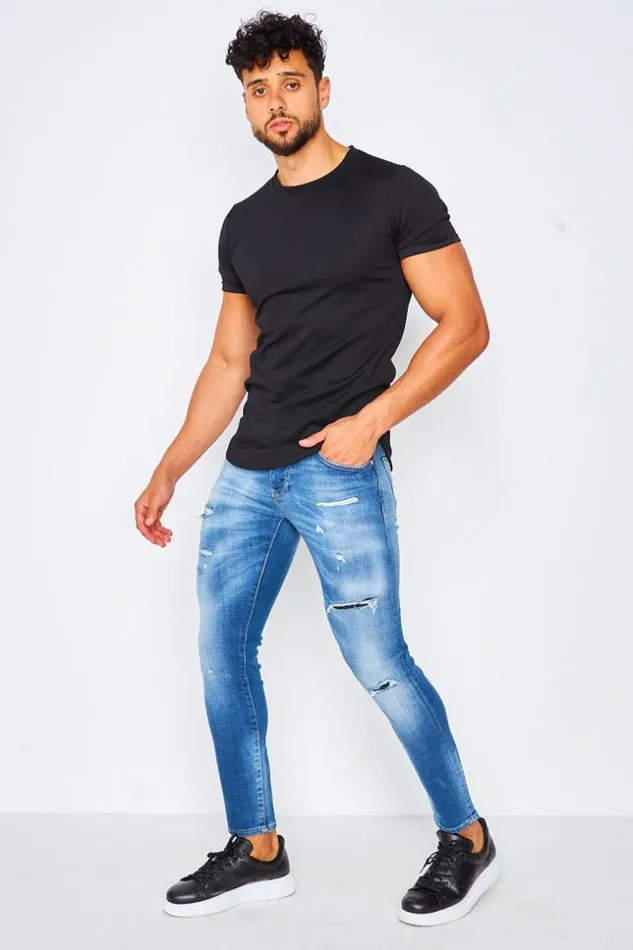 Men Ripped Blue Jean With Lining Blue Brentiny Paris Jeans