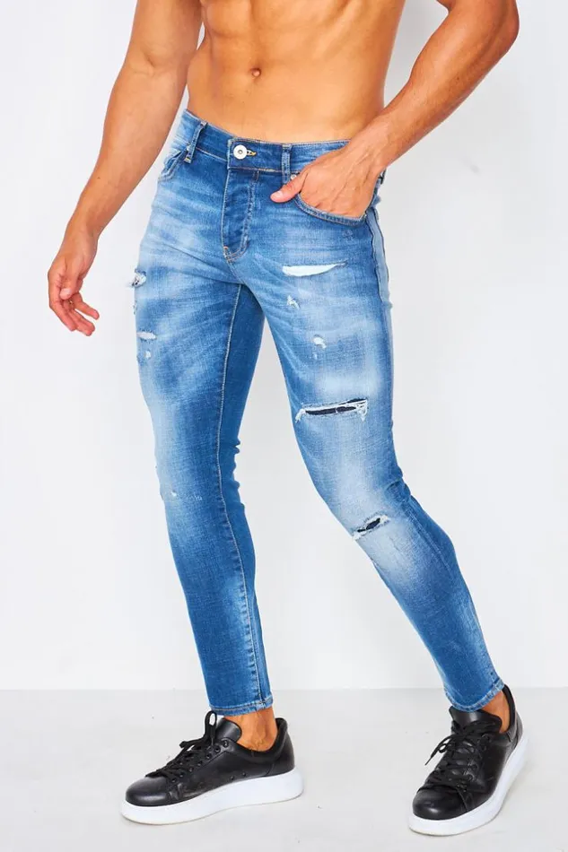 Men Ripped Blue Jean With Lining Blue Brentiny Paris Jeans