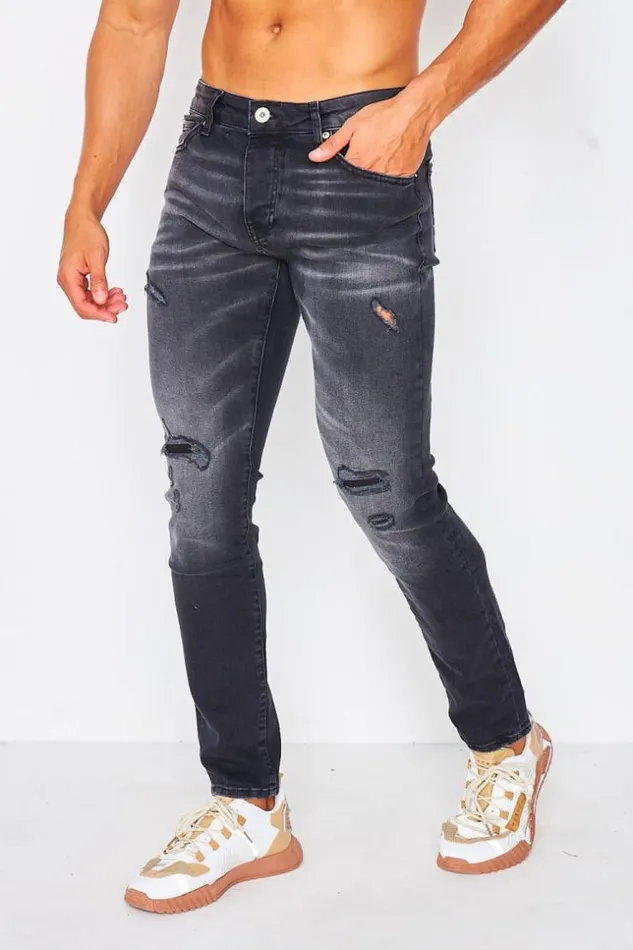 Men Ripped Jean With Lining In Black Black Brentiny Paris Jeans