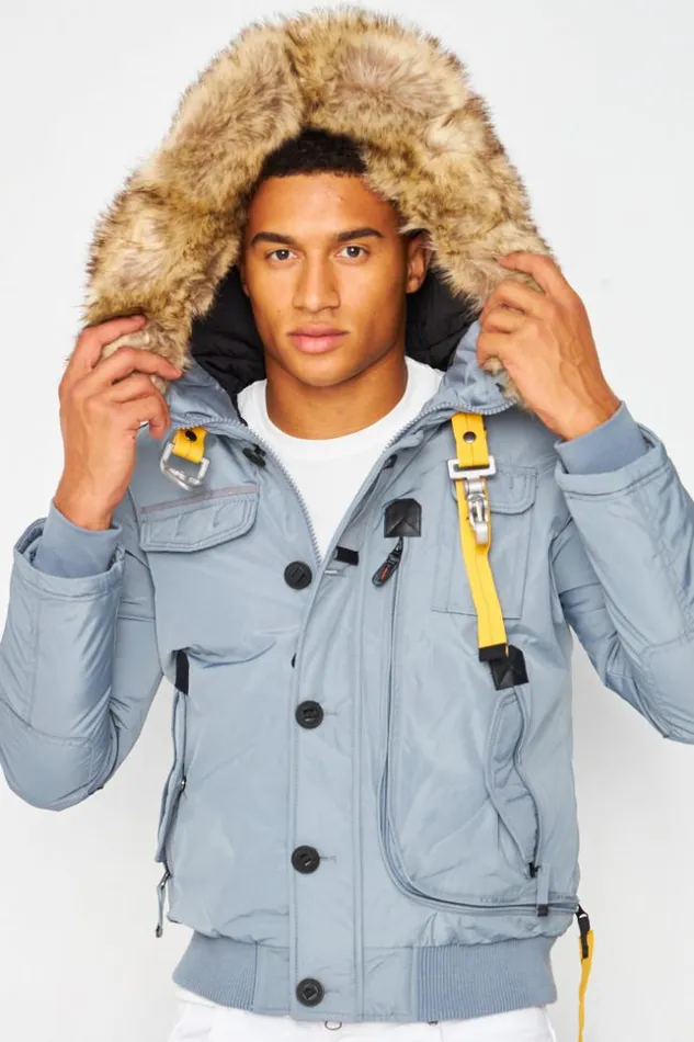 Men Short Parka Jacket With Faux Fur Hood And Multi Pockets In Grey Grey Brentiny Paris Parkas And Down Jackets