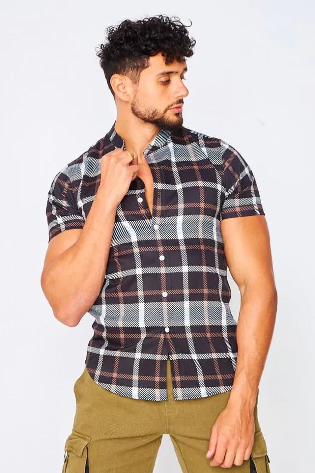 Men Short Sleeve Check Shirt In Black And Brown Black Brentiny Paris Shirts