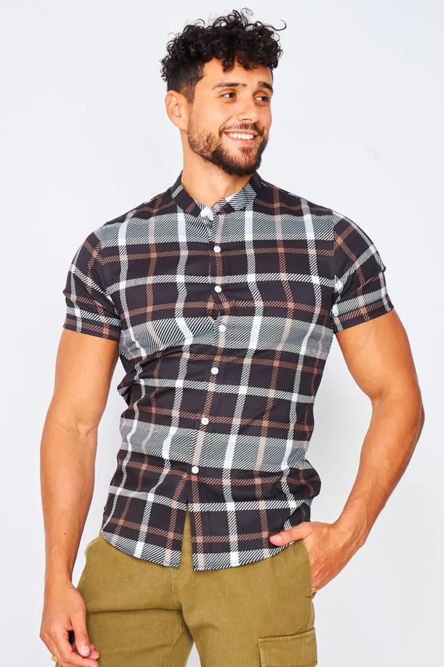 Men Short Sleeve Check Shirt In Black And Brown Black Brentiny Paris Shirts