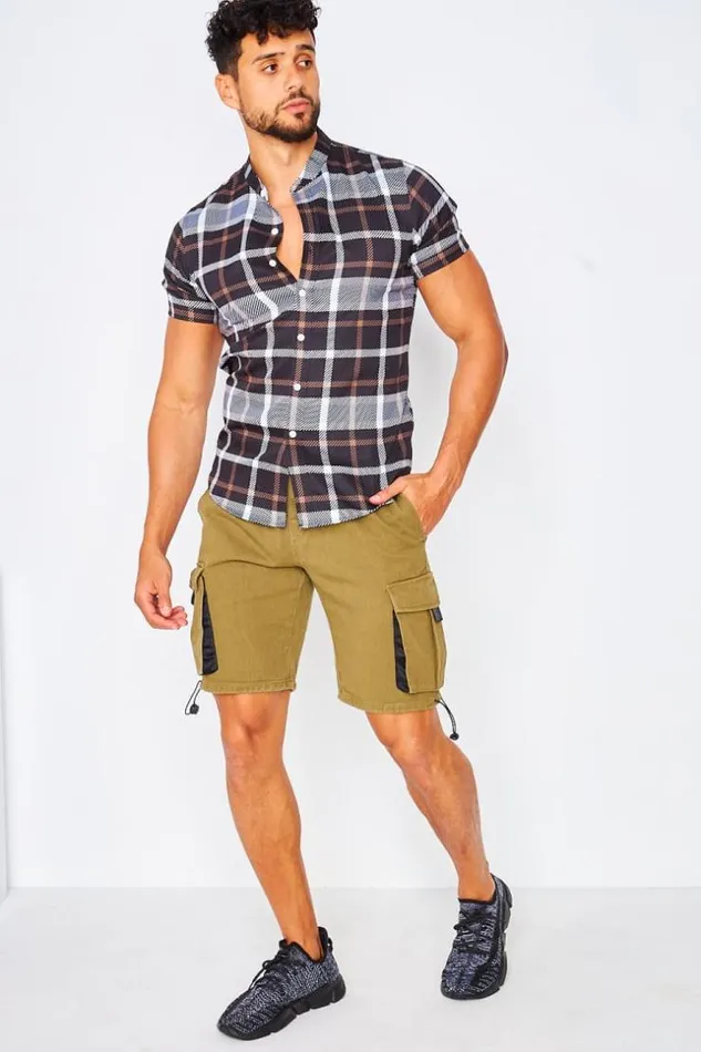Men Short Sleeve Check Shirt In Black And Brown Black Brentiny Paris Shirts