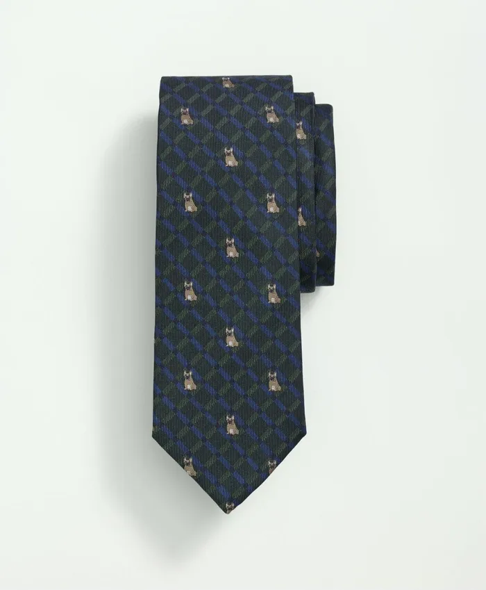 Men Silk Plaid Frenchie Dog Tie Dark Greenblue Brooks Brothers Ties and Pocket Squares