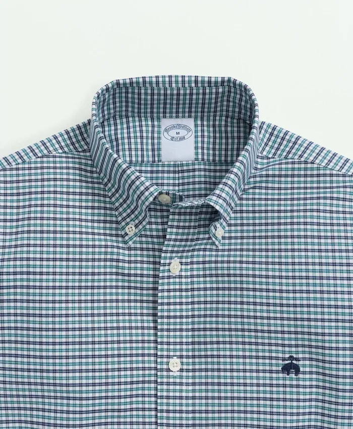 Men Stretch Cotton NonIron Oxford Polo ButtonDown Collar MiniGraph Checked Shirt Green Brooks Brothers Sport Shirts