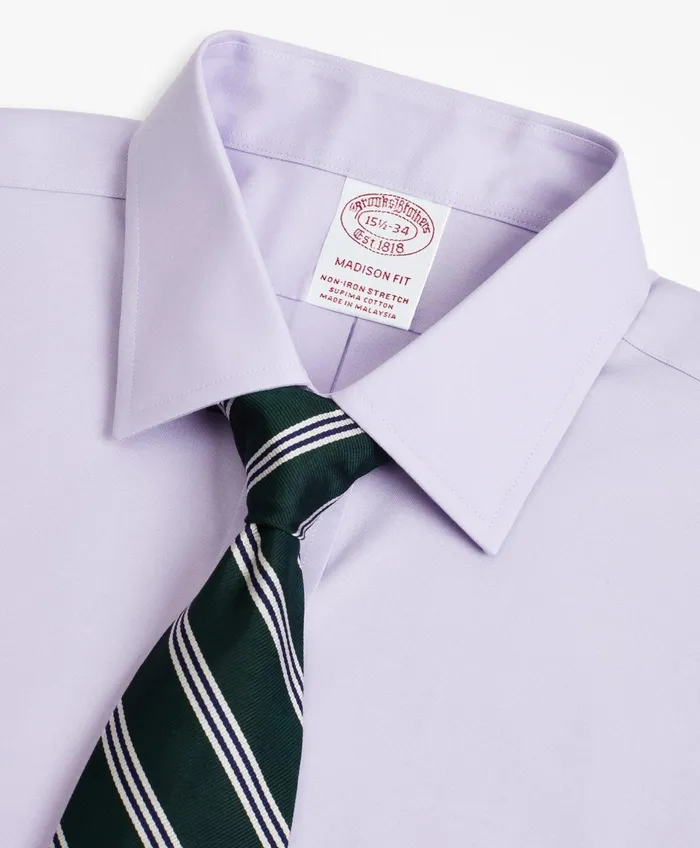 Men Stretch Madison RelaxedFit Dress Shirt NonIron Pinpoint Ainsley Collar Lavender Brooks Brothers Dress Shirts