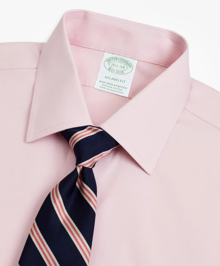 Men Stretch Milano Slim Fit Dress Shirt NonIron Pinpoint Ainsley Collar French Cuff Pink Brooks Brothers Dress Shirts