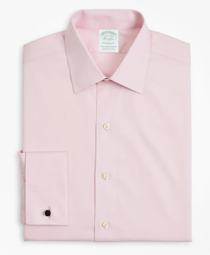 Men Stretch Milano Slim Fit Dress Shirt NonIron Pinpoint Ainsley Collar French Cuff Pink Brooks Brothers Dress Shirts