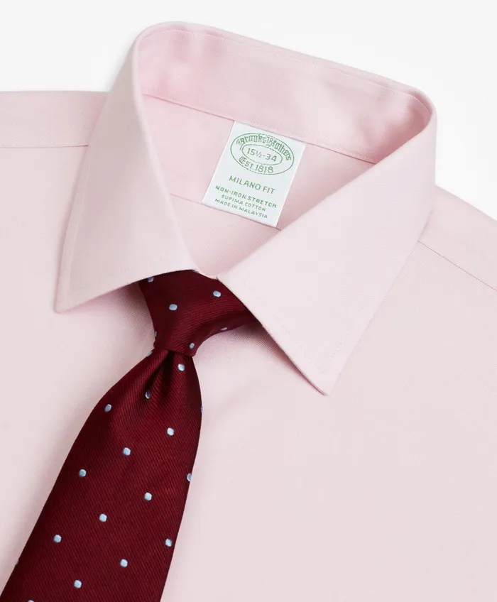 Men Stretch Milano SlimFit Dress Shirt NonIron Twill Ainsley Collar Pink Brooks Brothers Dress Shirts