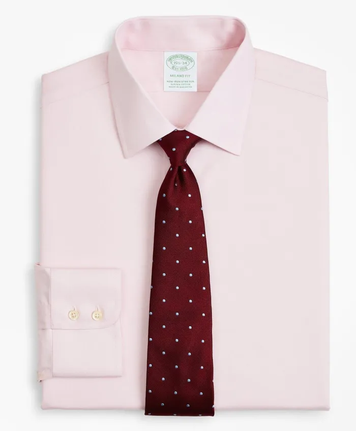 Men Stretch Milano SlimFit Dress Shirt NonIron Twill Ainsley Collar Pink Brooks Brothers Dress Shirts