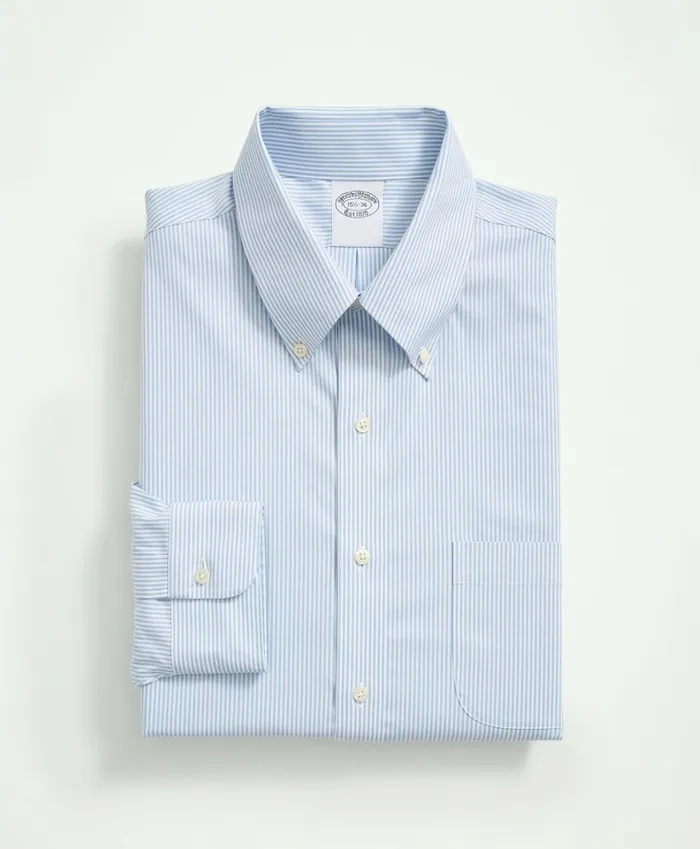 Men Stretch Supima Cotton NonIron Pinpoint Oxford ButtonDown Collar Candy Stripe Dress Shirt Light Blue Brooks Brothers Dress Shirts